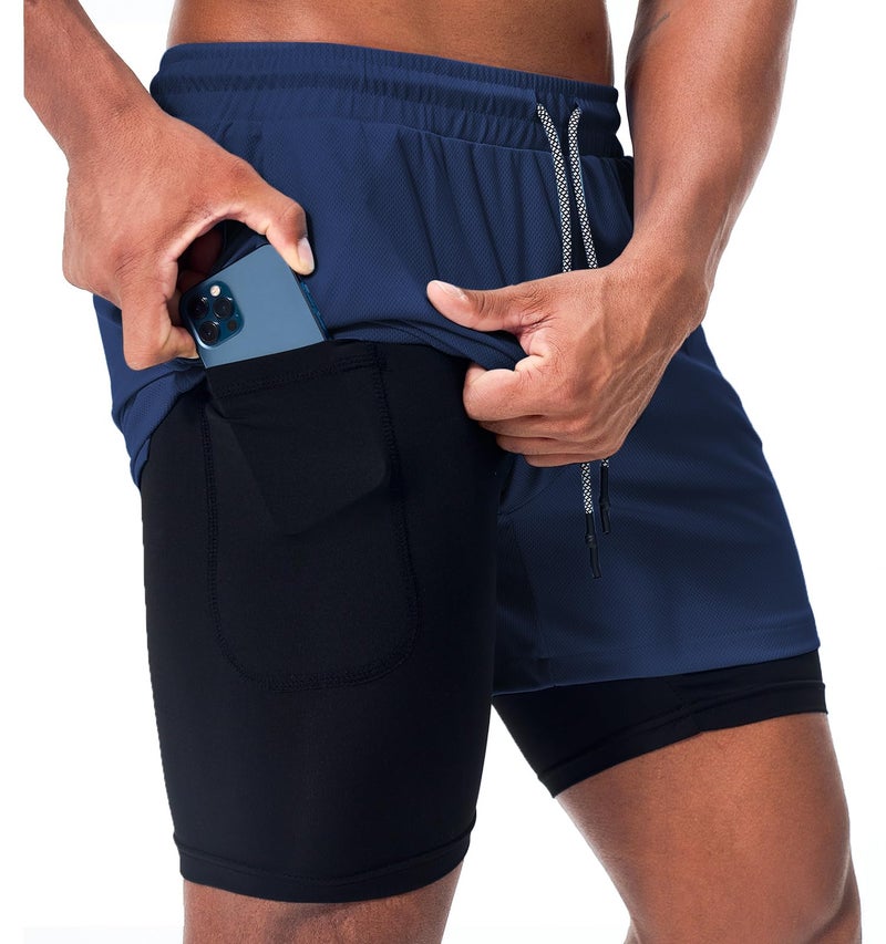 Surenow Men's Athletic Running Shorts Quick Dry Workout Shorts 2 in 1 Shorts 5" Gym Running Shorts for Men with Phone Pocket Navy Blue - Image 1